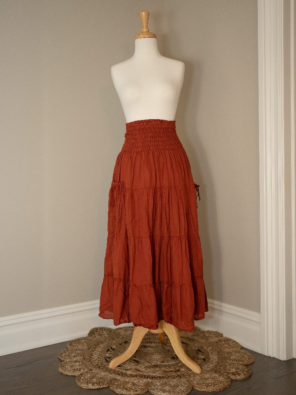 Gauze Tiered Skirt in RUST // Pockets, Natural Fiber